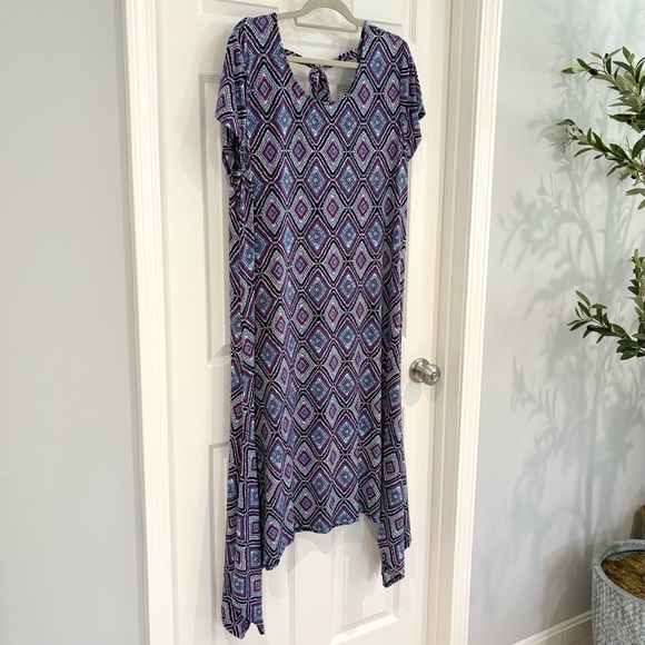 Chico's Asymmetrical Short Sleeve Stretchy Midi Dress Sz 3 Geometric Keyhole - Picture 4 of 15